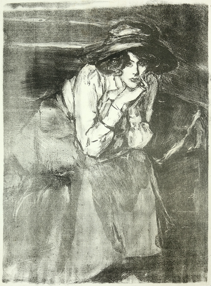 Unidentified Sitter (Seated woman leaning forward, wearing large-brimmed hat) by Albert de Belleroche - Davidson Galleries