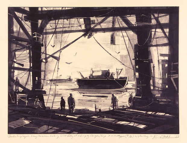 Underemployed Longshoremen Looking Wistfully at an Empty Cargo Ship by Kevin Fletcher - Davidson Galleries