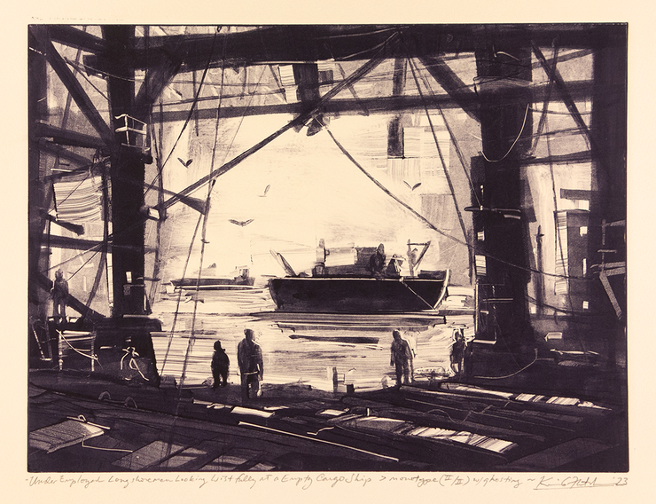 Underemployed Longshoremen Looking Wistfully at an Empty Cargo Ship by Kevin Fletcher - Davidson Galleries