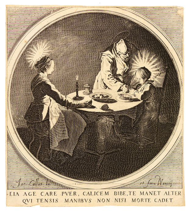 Le Benedicite, estampe appelée aussi La Sainte Famille a Table et St. Joseph Faisant Boire L'Enfant Jésus (The Grace, also called The Holy Family at the Table and St. Joseph Giving the Christ Child a Drink) by Jacques Callot - Davidson Galleries