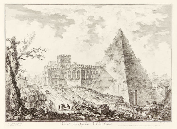 Veduta del Sepolcro di Cajo Cestio (The Pyramid of Caius Cestius, with the Porta S. Paolo and Adjoining Road) by Giovanni Battista Piranesi - Davidson Galleries