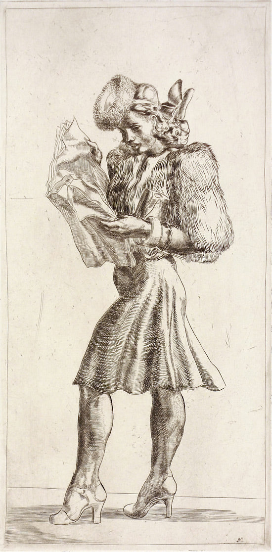 Girl in Fur Jacket Reading Tabloid by Reginald Marsh - Davidson Galleries