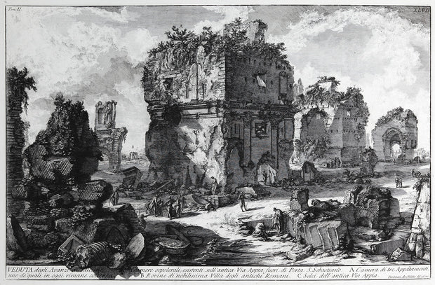 Veduta degli Avanzi di alcune Camere Sepolcrali, esistenti sull’antica Via Appia... (View of the Remains of Several Tomb Chambers on the Ancient Appian Way outside Porta San Sebastiano) by Giovanni Battista Piranesi - Davidson Galleries